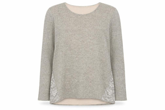Front view of Gina Laura Women’s Beige Knit Lace Hem jumper, size UK 24