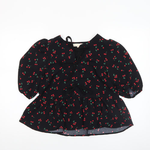 Monteau Los Angeles Women's Black Cherry Print Tunic Blouse Size L