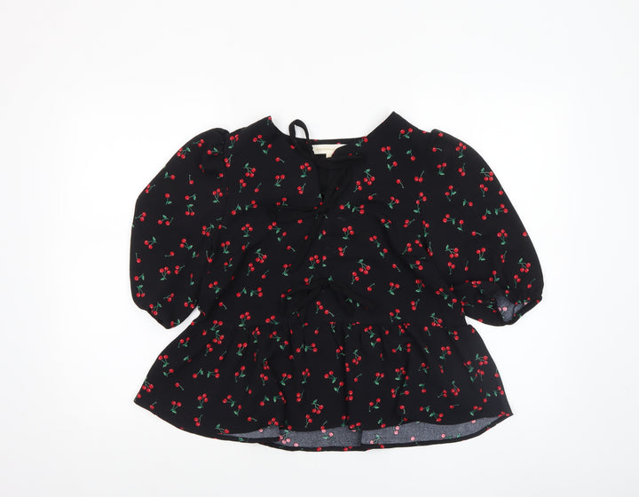 Monteau Los Angeles Women's Black Cherry Print Tunic Blouse Size L