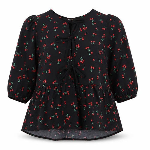 Monteau Los Angeles Women's Black Cherry Print Tunic Blouse Size L