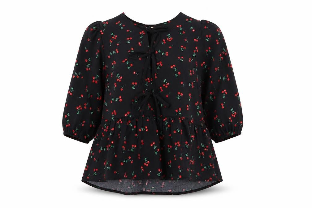 Monteau Los Angeles Women's Black Cherry Print Tunic Blouse Size L