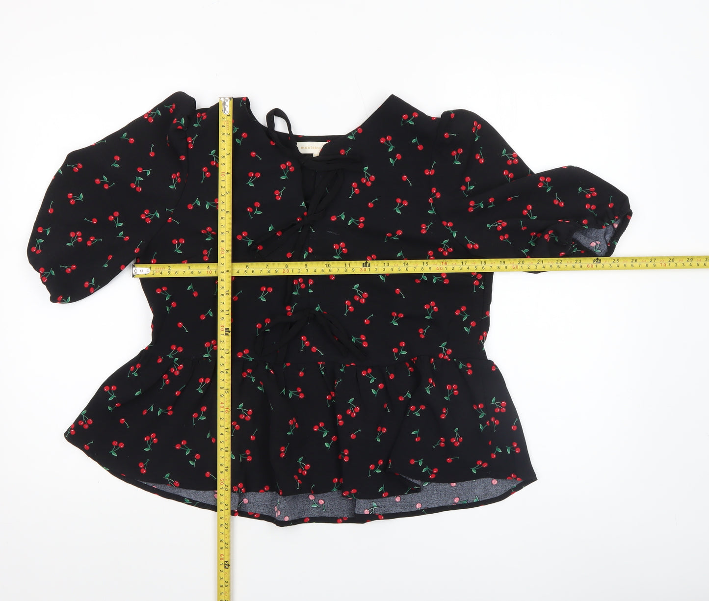 Monteau Los Angeles Women's Black Cherry Print Tunic Blouse Size L