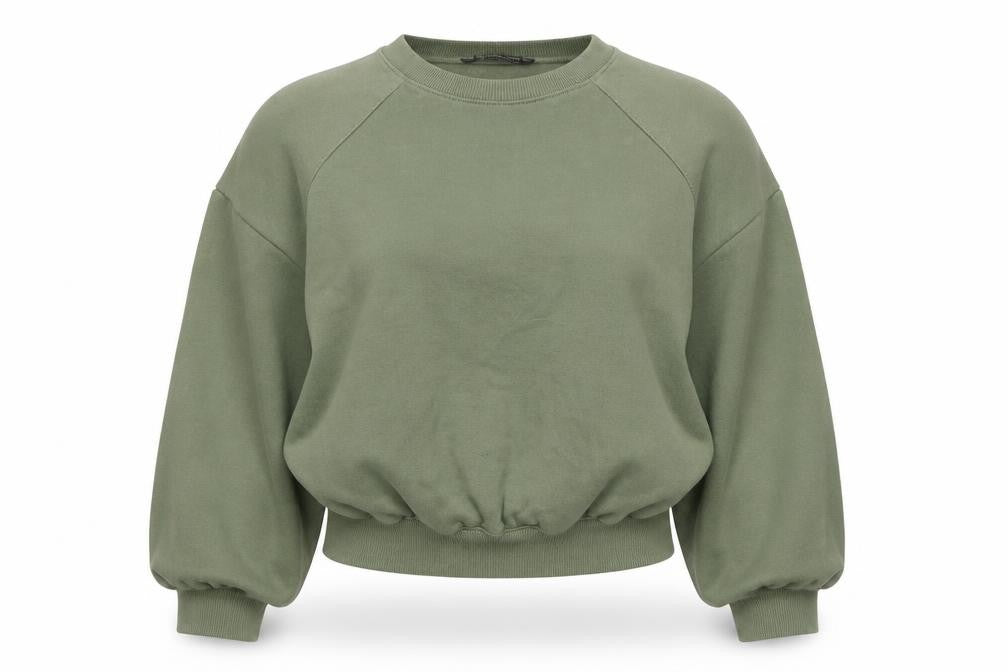 Front view of Zara Women Khaki Green Crew Neck Pullover Sweatshirt, size S