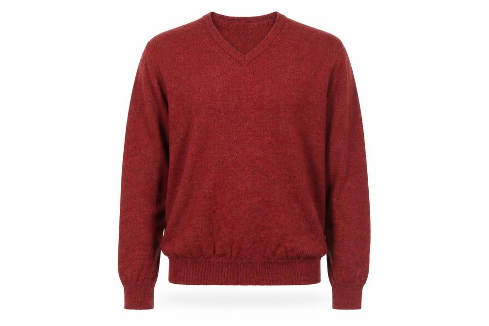 Front view of Dunnes Men Red Cotton V-Neck jumper, size L