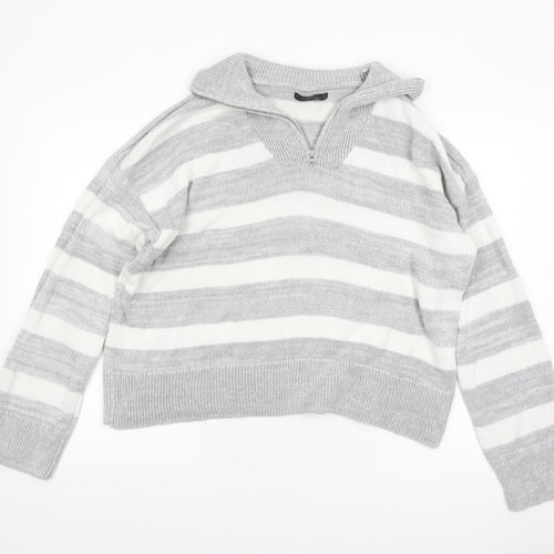Dunnes Women's Grey Striped Collared 1/4 Zip Knit Jumper Size L