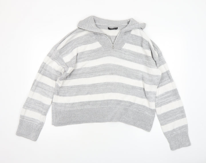 Dunnes Women's Grey Striped Collared 1/4 Zip Knit Jumper Size L