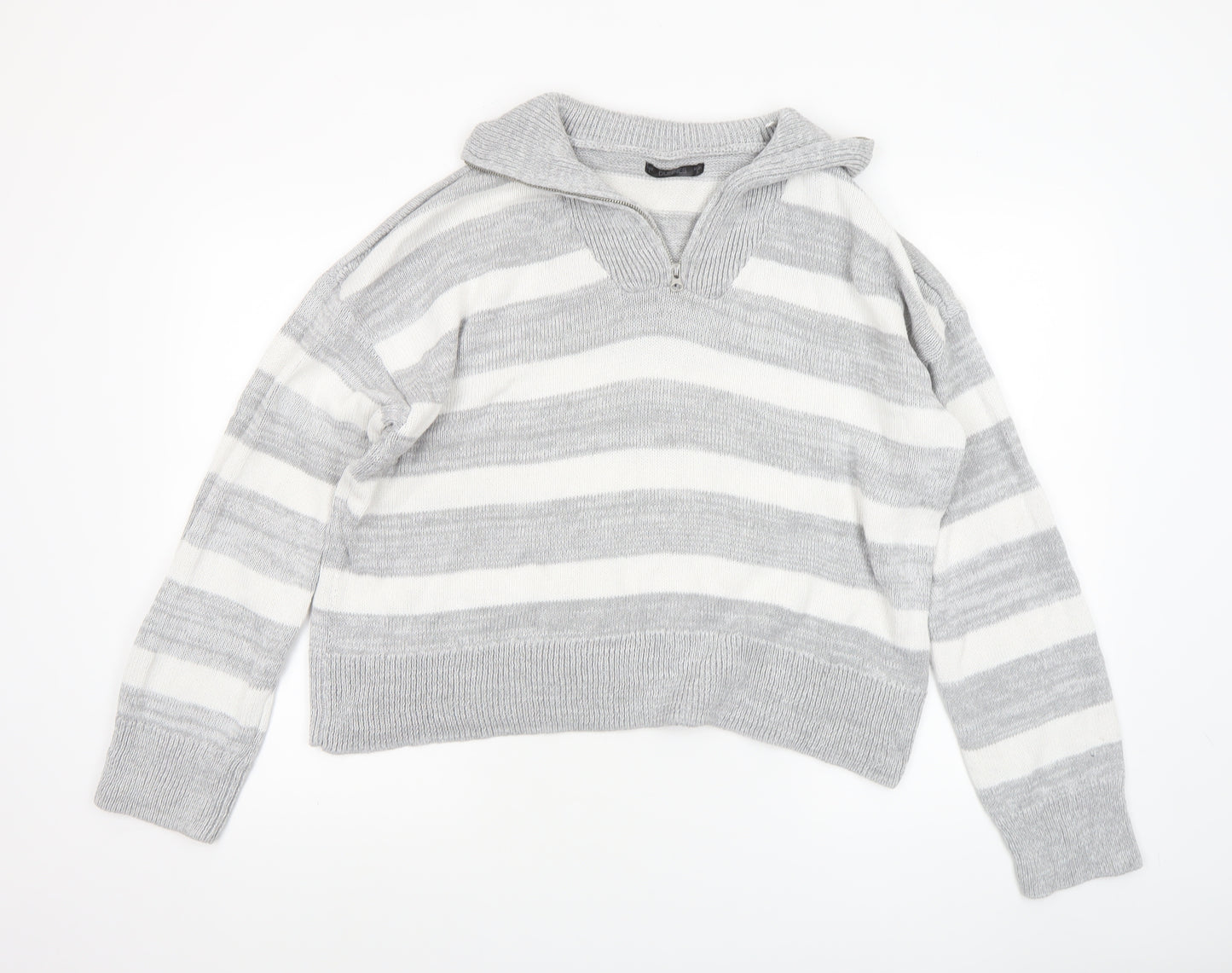 Dunnes Women's Grey Striped Collared 1/4 Zip Knit Jumper Size L