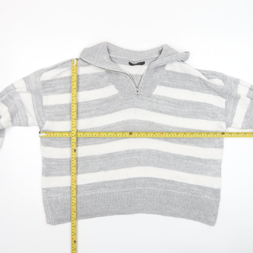 Dunnes Women's Grey Striped Collared 1/4 Zip Knit Jumper Size L