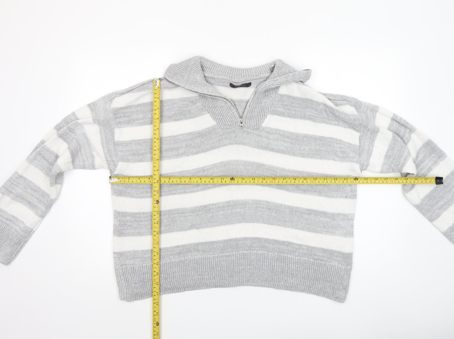 Dunnes Women's Grey Striped Collared 1/4 Zip Knit Jumper Size L