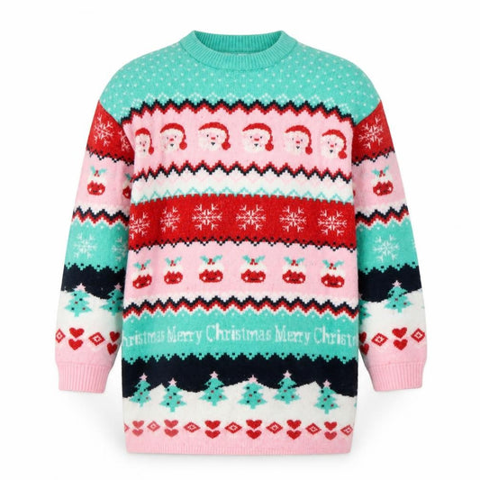 Front view of Dunnes girls’ multicoloured christmas jumper 9-10 years acrylic blend
