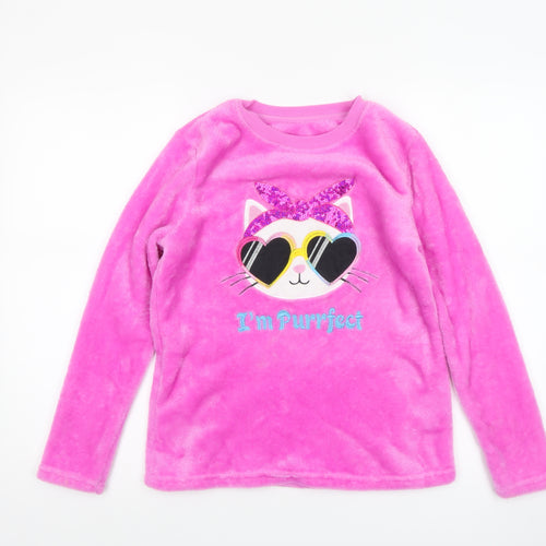 Dunnes Stores Girls Pink Fleece Cat Pyjama Top 10-11 Years Long Sleeve