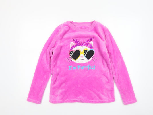 Dunnes Stores Girls Pink Fleece Cat Pyjama Top 10-11 Years Long Sleeve
