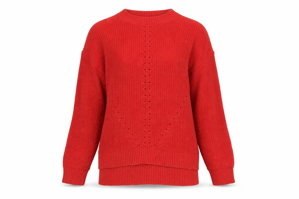 Front view of FatFace Women's Red Cotton Knit Crew Neck Jumper, size 8