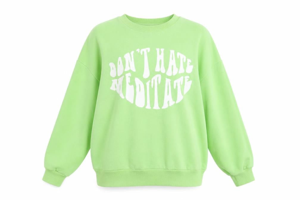 Front view of George Women's Green 'Don't Hate Meditate' Pullover Sweatshirt, size M, 12-14