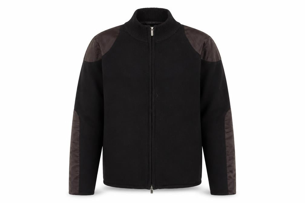 Front view of Yuka Men's Black Full Zip Jersey Jacket, size L, Stand-Up Collar