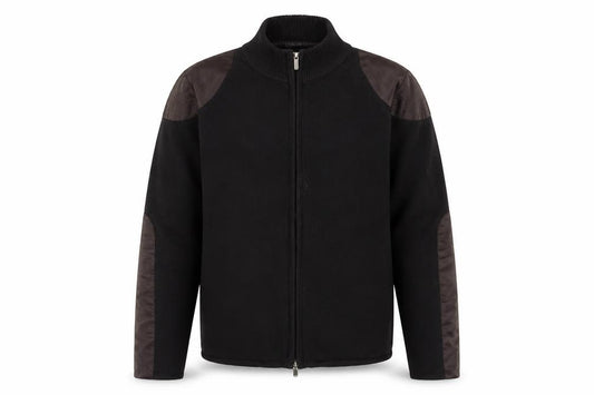 Front view of Yuka Men's Black Full Zip Jersey Jacket, size L, Stand-Up Collar