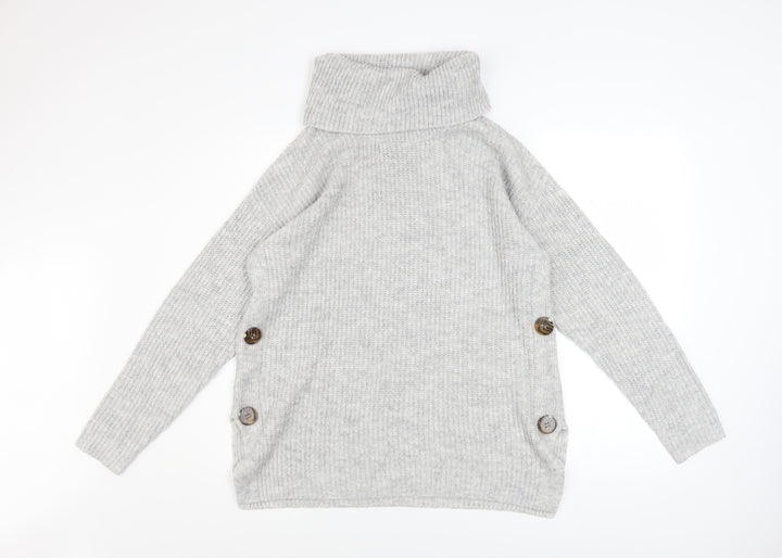 Tu Women’s Grey Roll Neck Chunky Knit Button Jumper Size M