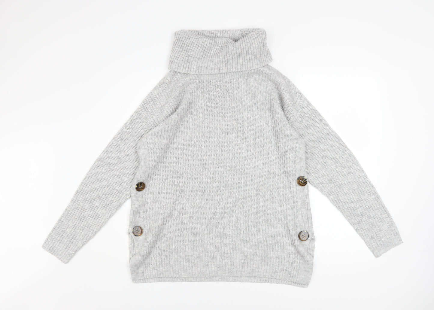 Tu Women’s Grey Roll Neck Chunky Knit Button Jumper Size M
