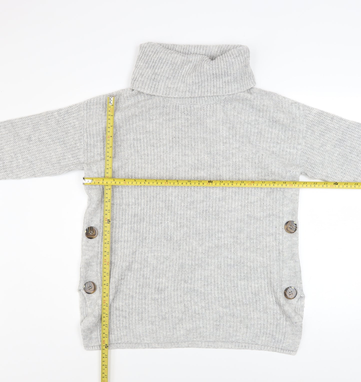 Tu Women’s Grey Roll Neck Chunky Knit Button Jumper Size M