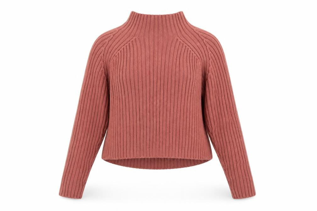 Front view of Brave Soul Women's Pink Mock Neck Ribbed Knit jumper, size S