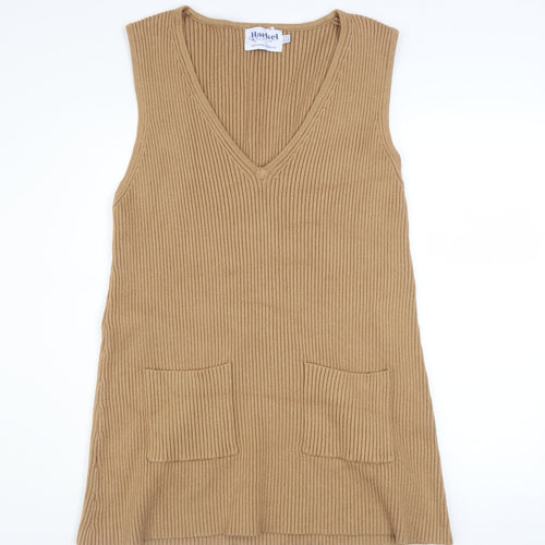 Harkel Women Beige Ribbed Knit V-Neck Sleeveless Jumper Dress Size 14