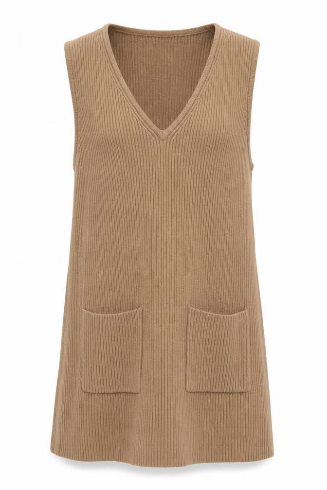 Harkel Women Beige Ribbed Knit V-Neck Sleeveless Jumper Dress Size 14