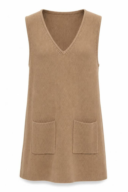 Front view of Harkel Women Beige Ribbed Knit V-Neck Sleeveless Jumper Dress, size 14