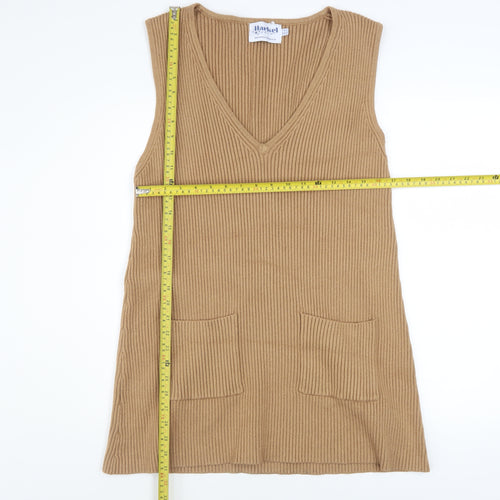 Harkel Women Beige Ribbed Knit V-Neck Sleeveless Jumper Dress Size 14