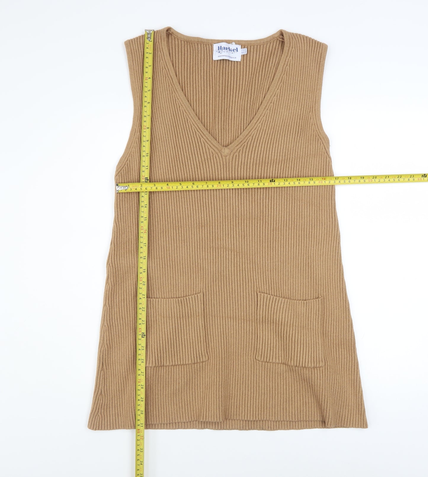 Harkel Women Beige Ribbed Knit V-Neck Sleeveless Jumper Dress Size 14