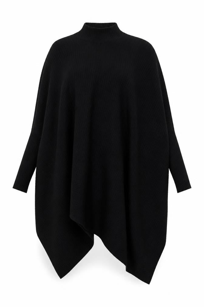 Front view of Moocci Women Black High Neck Knit Cape Jumper One Size