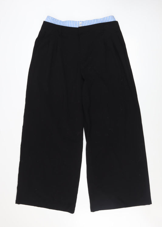 Bershka Women Black Wide-Leg Pleated Trousers Size 14