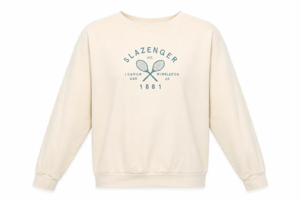 Front view of Slazenger women’s beige sweatshirt, size UK 8, crew neck pullover