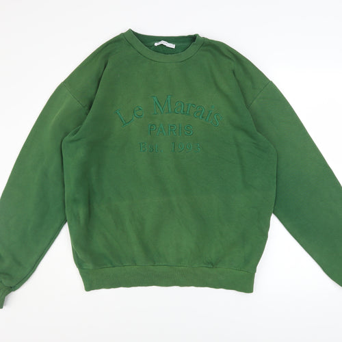 Stradivarius Womens Green Pullover Sweatshirt Medium Le Marais Paris Embroidered