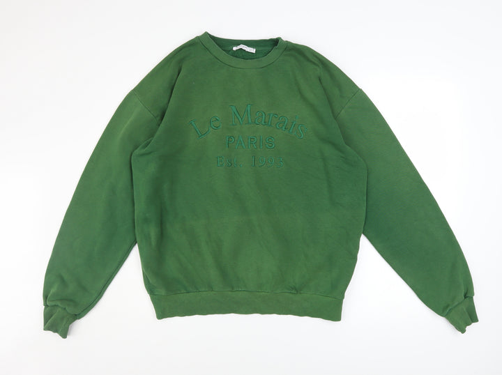 Stradivarius Womens Green Pullover Sweatshirt Medium Le Marais Paris Embroidered