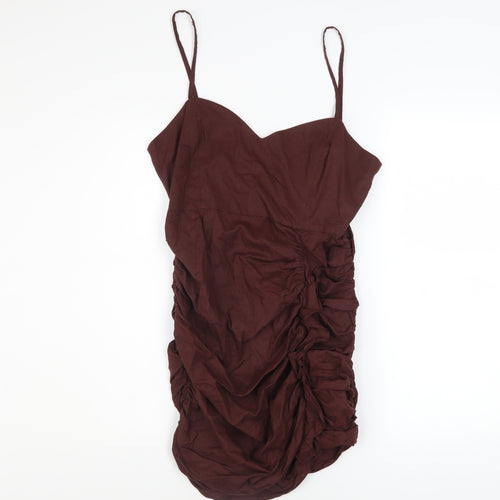 ZARA Women's Brown Linen Blend Bodycon Ruched Dress L