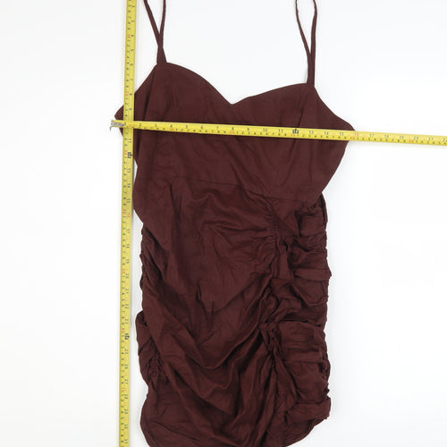 ZARA Women's Brown Linen Blend Bodycon Ruched Dress L