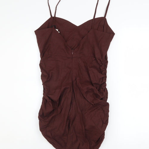 ZARA Women's Brown Linen Blend Bodycon Ruched Dress L