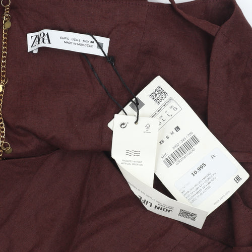 ZARA Women's Brown Linen Blend Bodycon Ruched Dress L