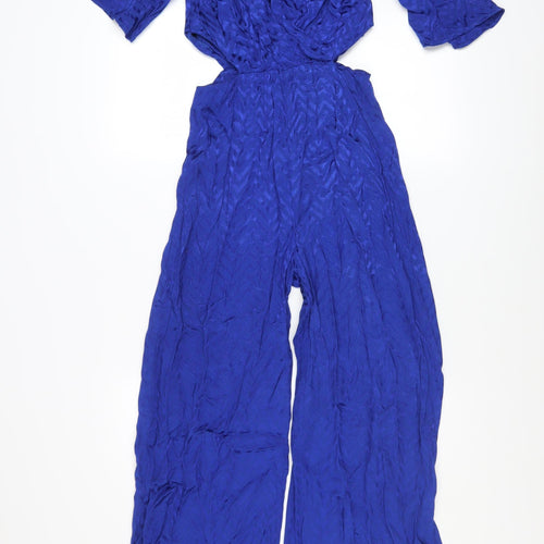 Zara Women's Blue Wide-Leg Jumpsuit XS V-Neck Keyhole Back Elegant Style
