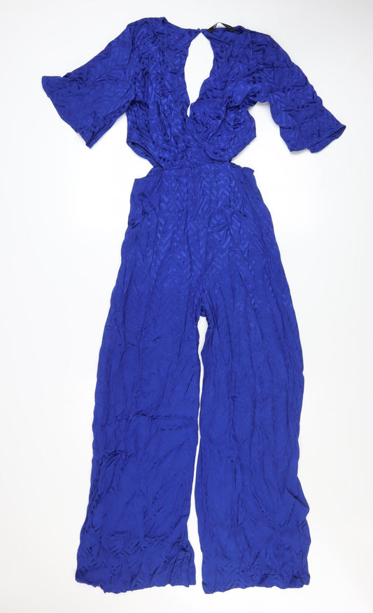 Zara Women's Blue Wide-Leg Jumpsuit XS V-Neck Keyhole Back Elegant Style