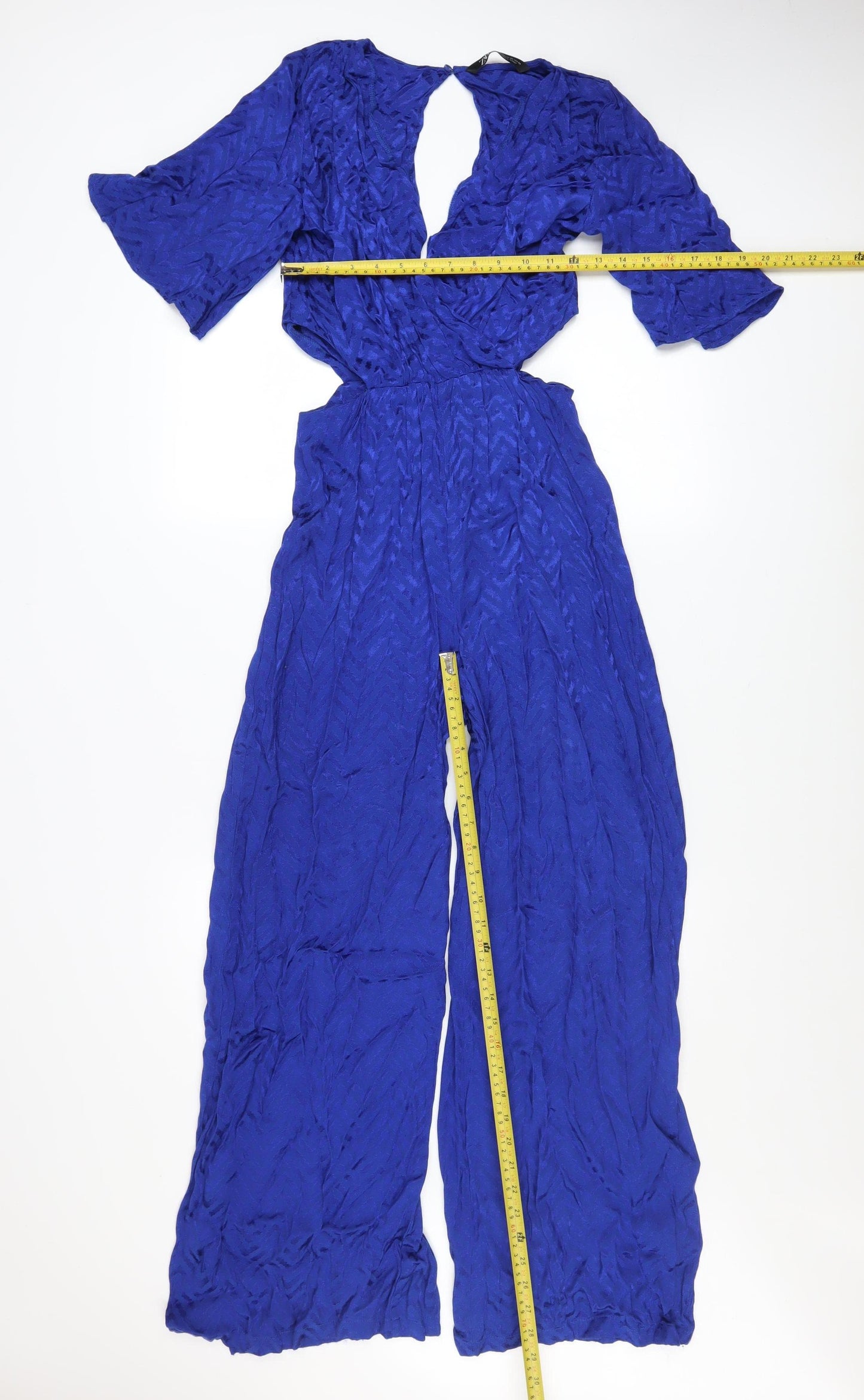 Zara Women's Blue Wide-Leg Jumpsuit XS V-Neck Keyhole Back Elegant Style