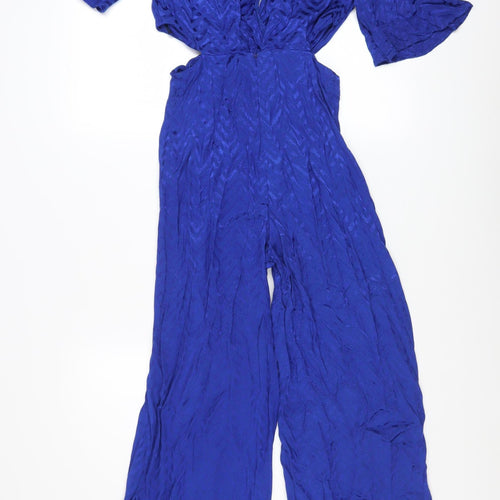 Zara Women's Blue Wide-Leg Jumpsuit XS V-Neck Keyhole Back Elegant Style