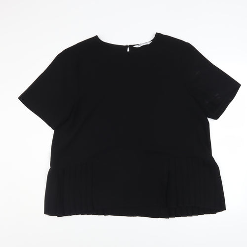 Zara Women Black Pleated Hem Short Sleeve Blouse Size 18