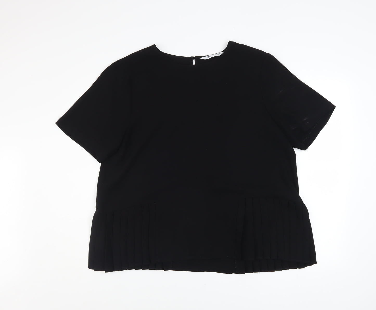 Zara Women Black Pleated Hem Short Sleeve Blouse Size 18