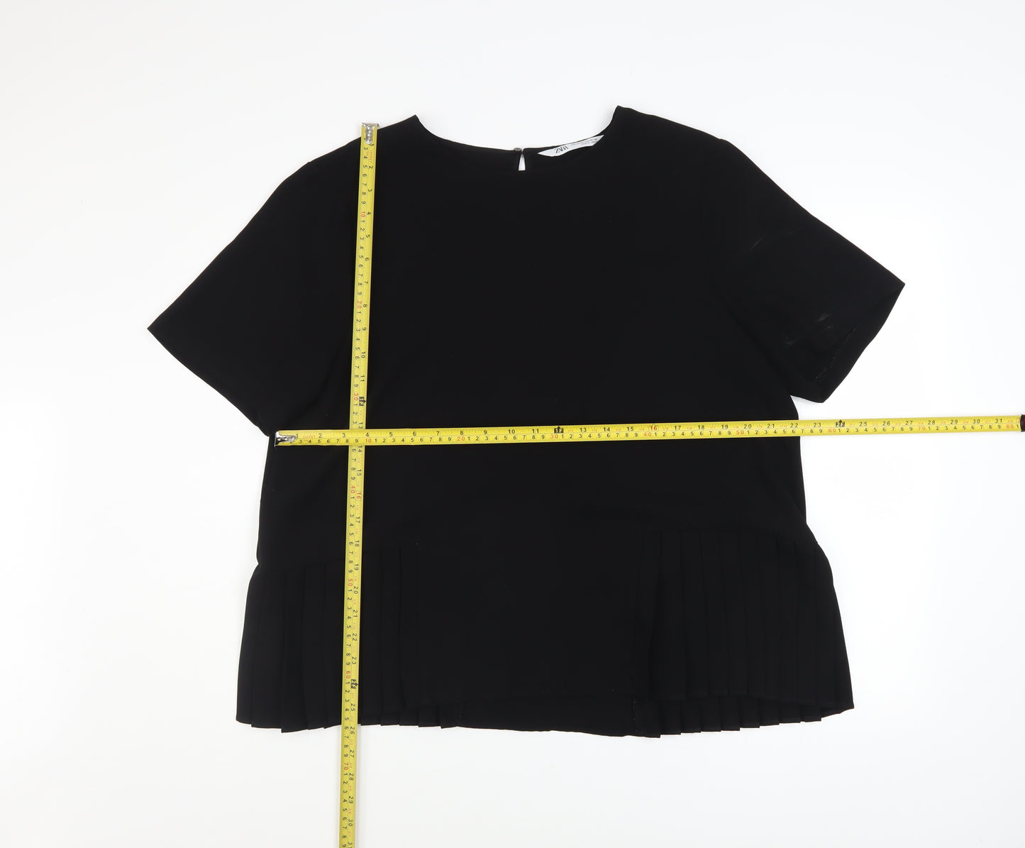 Zara Women Black Pleated Hem Short Sleeve Blouse Size 18