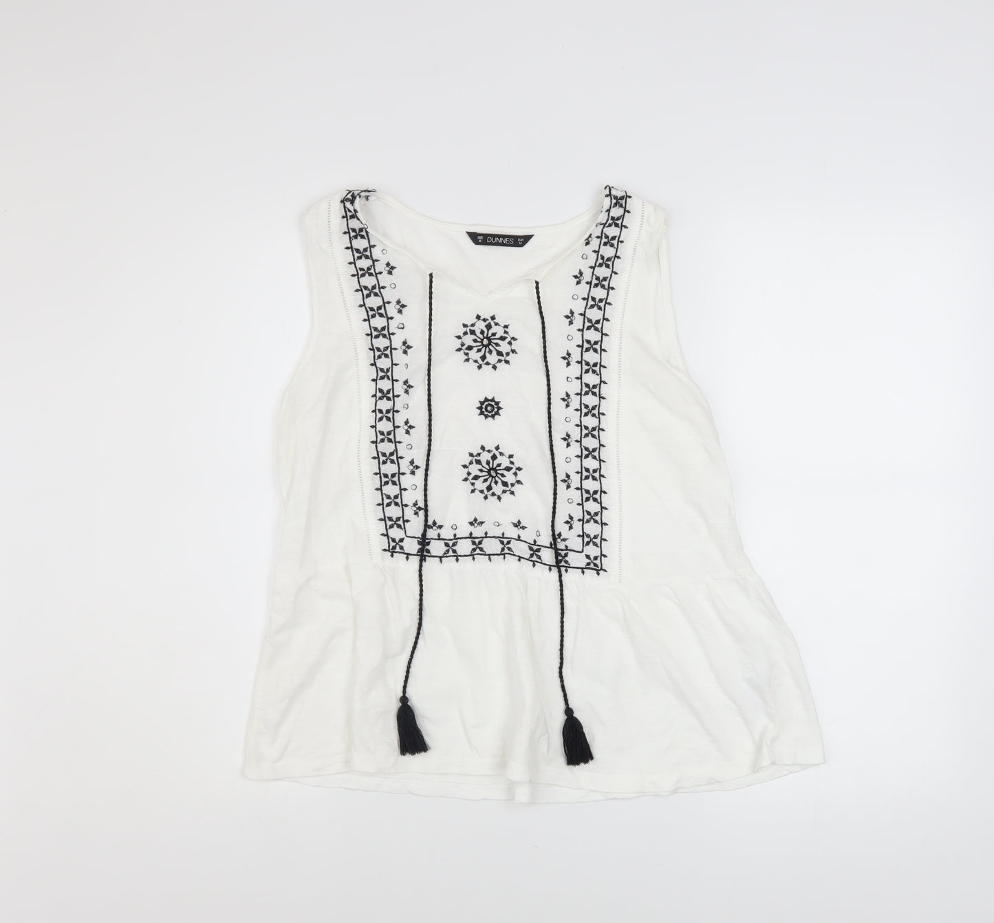 Dunnes Stores Women's White Embroidered Cotton Sleeveless Tunic Blouse Size 14