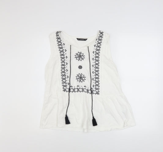 Dunnes Stores Women's White Embroidered Cotton Sleeveless Tunic Blouse Size 14