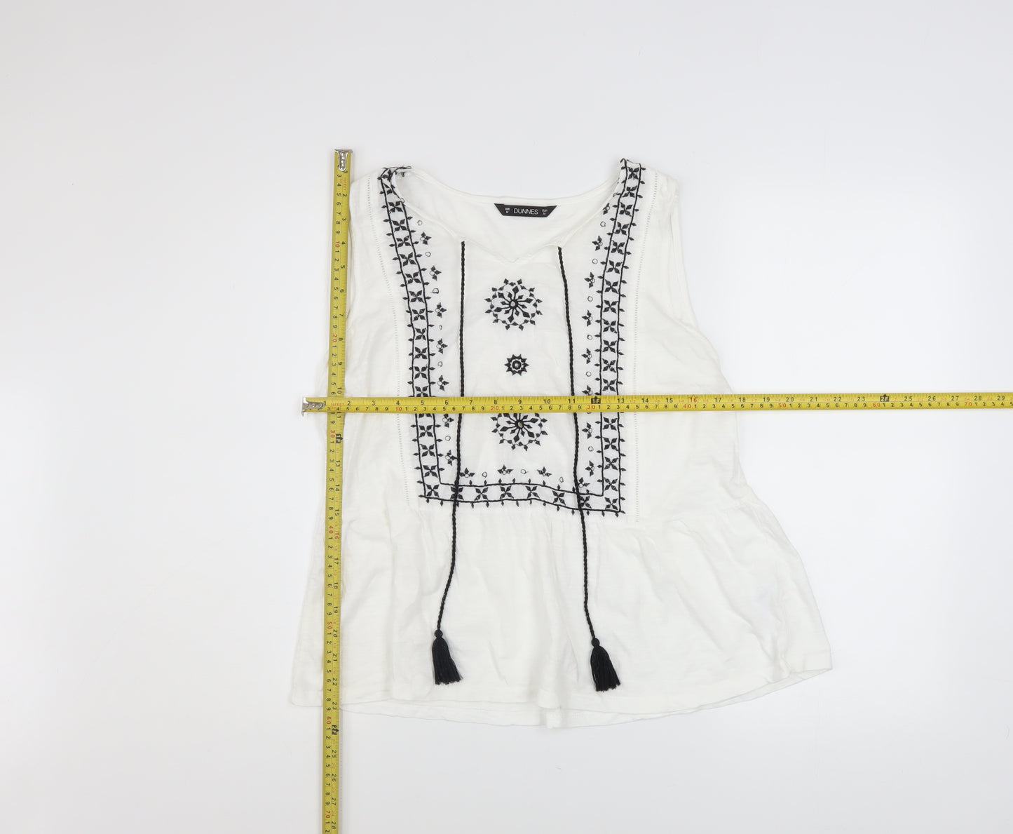 Dunnes Stores Women's White Embroidered Cotton Sleeveless Tunic Blouse Size 14