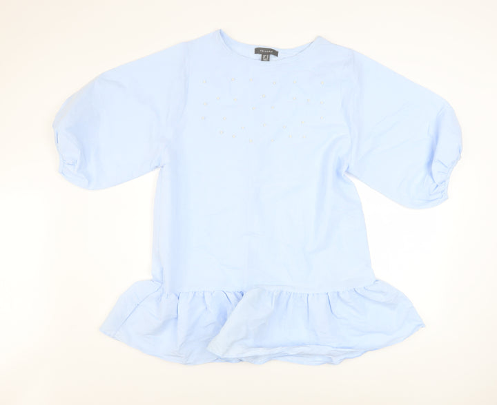 Primark Women Blue Beaded Ruffle Tunic Blouse Size 14