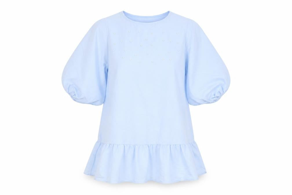 Front view of Primark Women Blue Beaded Ruffle Tunic Blouse, size 14